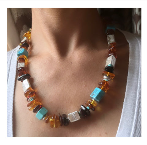 SOLD Amber & Kingman Turquoise Necklace