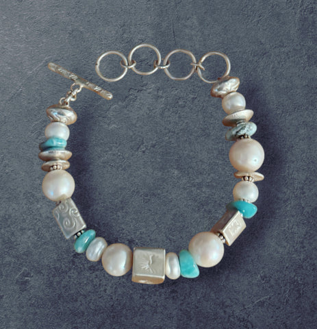 Pearl, Sterling Silver & Amazonite Bracelet