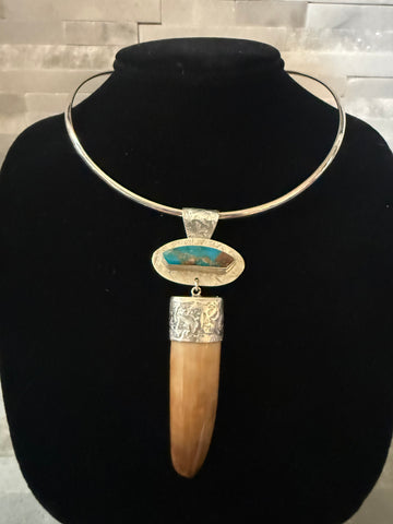 Kingman Turquoise & Walrus Tusk Statement Pendant in Sterling Silver