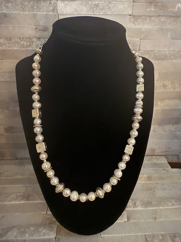 SOLD Fresh Water Pearl & Handmade Sterling Silver Cube Necklace