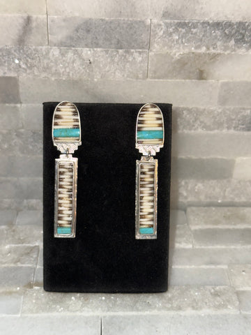 SOLD Porcupine Quill Inlay & Turquoise Long Dangles