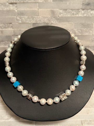 Fresh Water Pearl , Kingman Turquoise & Handmade Sterling Silver Cube Necklace