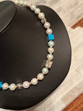 Fresh Water Pearl , Kingman Turquoise & Handmade Sterling Silver Cube Necklace