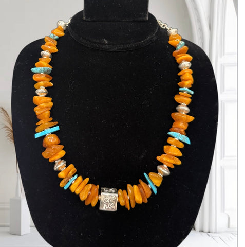 Rough Amber , Turquoise and Sterling Silver Necklace
