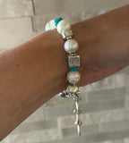 Fresh Water Pearls, Kingman Turquoise and Sterling Silver Bracelet