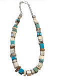 Fossilized Walrus Tusk, Mammoth Tusk, Antler & Kingman Turquoise Cube Necklace