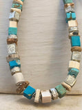 Fossilized Walrus Tusk, Mammoth Tusk, Antler & Kingman Turquoise Cube Necklace