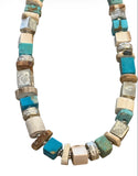 Fossilized Walrus Tusk, Mammoth Tusk, Antler & Kingman Turquoise Cube Necklace