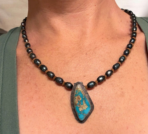 Royston Turquoise & Peacock Pearls on Leather