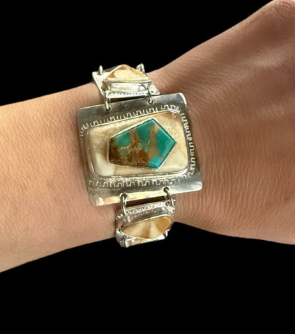 Fossilized Walrus Tusk & Kingman Turquoise Link Bracelet