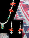 Rare Mediterranean Red Coral Bird Set with Sterling Silver and Kingman Turquoise