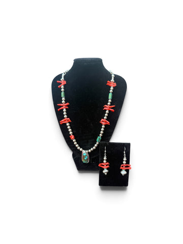 Rare Mediterranean Red Coral Bird Set with Sterling Silver and Kingman Turquoise