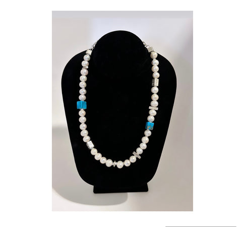 Fresh Water Pearl & Turquoise Cube Necklace